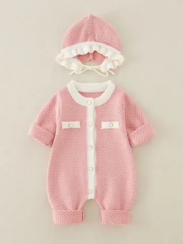 Baby Mädchen Strick Strampler Set Vintage Einreihiger Jumpsuit Mit Passendem Rüschenhut Langarm Herbst Frühling Body