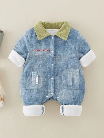 Infant Baby Winter Padded Denim Romper Cartoon Tiger Panda Pattern Long Sleeve Thickened Cotton Jumpsuit Warm Bodysuit For Toddler