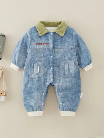 Infant Baby Winter Padded Denim Romper Cartoon Tiger Panda Pattern Long Sleeve Thickened Cotton Jumpsuit Warm Bodysuit For Toddler
