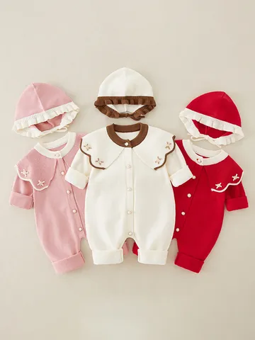 Baby Mädchen Gestrickter Strampler Und Passende Rüschenmütze Stickerei Künstliche Perlenknöpfe Langarm Jumpsuit Für Neugeborene Kleinkinder Herbst Frühling Outfits