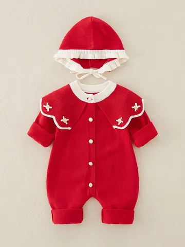Baby Mädchen Gestrickter Strampler Und Passende Rüschenmütze Stickerei Künstliche Perlenknöpfe Langarm Jumpsuit Für Neugeborene Kleinkinder Herbst Frühling Outfits