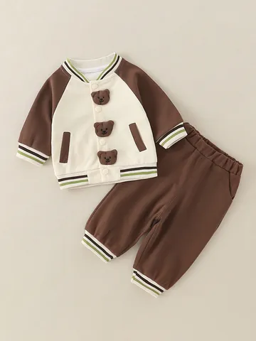 Toddler Baby Baseball Jacket T-Shirt And Pants Romper Cartoon Frog Bear Cotton Clothes Outfit