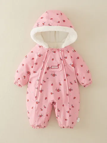 Baby Winter Gesteppter Jumpsuit Für Mädchen Kapuze Dick Gefütterter Fleece Strampler Blumen Sterne Muster Winddicht Warm Overalls