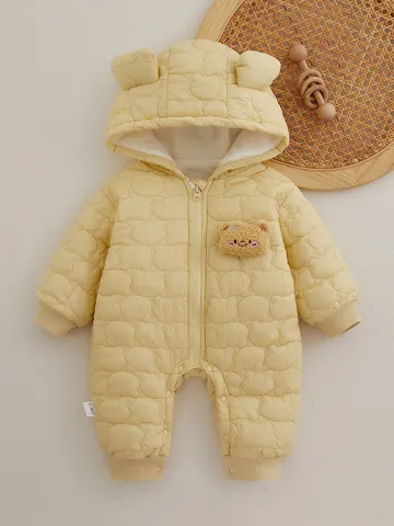 Pelele Acolchado de Otoño Invierno para Bebé Recién Nacido Mono con Capucha de Orejas de Oso Amarillo Mantequilla Relleno de Algodón