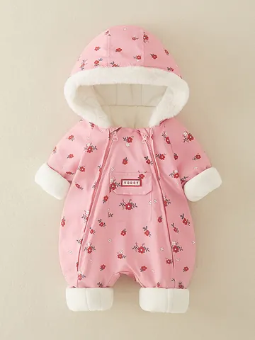 Baby Winter Gesteppter Jumpsuit Für Mädchen Kapuze Dick Gefütterter Fleece Strampler Blumen Sterne Muster Winddicht Warm Overalls