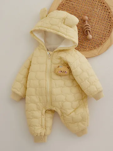 Pelele Acolchado de Otoño Invierno para Bebé Recién Nacido Mono con Capucha de Orejas de Oso Amarillo Mantequilla Relleno de Algodón