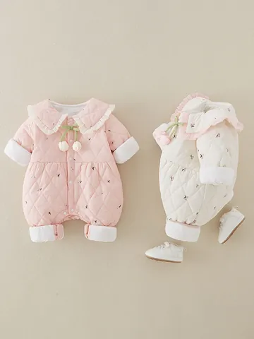 Infant Baby Girls Winter Thickened Warm Romper Quilted Fleece Lined Jumpsuit Sweet Cherry Floral Pattern Ruffle Collar Outwear