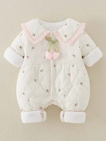 Infant Baby Girls Winter Thickened Warm Romper Quilted Fleece Lined Jumpsuit Sweet Cherry Floral Pattern Ruffle Collar Outwear
