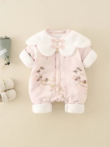 Chinese Style Baby Girl Thickened Romper Winter Hanfu Tang Suit Pink Floral Quilted Jumpsuit Faux Fur Collar Outfit