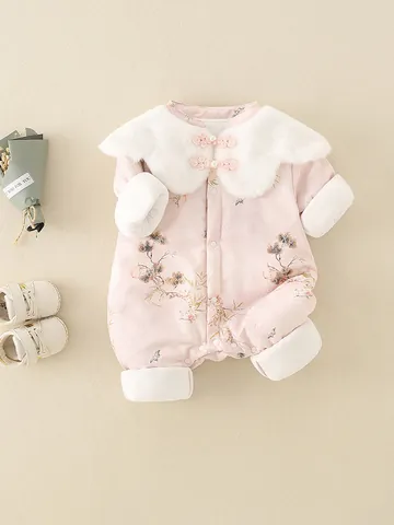 Chinese Style Baby Girl Thickened Romper Winter Hanfu Tang Suit Pink Floral Quilted Jumpsuit Faux Fur Collar Outfit