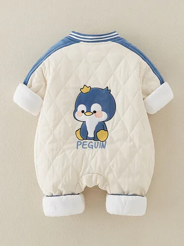Baby Jongens Gewatteerde Winter Rompertje Gewatteerde Jumpsuit Cartoon Dinosauriër Pinguïn Borduurwerk Lange Mouw Warme Bodysuit