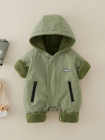 Baby Boy Winter Padded Romper Windproof Hooded Jumpsuit Thickened Warm Outdoor Crawl Suit Fleece Lined Green Infant Bodysuit