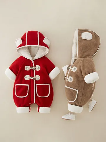 Baby Winter Verdickt Fleece Strampler Kleinkind Warm Mit Kapuze Overall Mit Bärenohren Knebelknöpfen Neugeborenen Kleidung