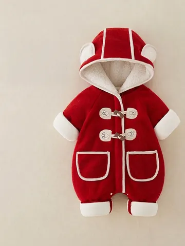 Baby Winter Verdickt Fleece Strampler Kleinkind Warm Mit Kapuze Overall Mit Bärenohren Knebelknöpfen Neugeborenen Kleidung