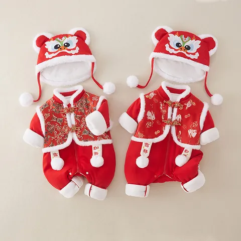 Kleinkind Traditionell Chinesischer Stil Roter Fleece Strampler Für Mondneujahr Mit Löwentanz Stickerei Verdickt Warm Festliches Outfit
