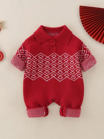 Baby Knitted Traditional Festive Red Romper Long Sleeve Jumpsuit For Newborn Infants New Year Celebration Knitted Outfit