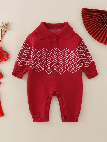 Baby Knitted Traditional Festive Red Romper Long Sleeve Jumpsuit For Newborn Infants New Year Celebration Knitted Outfit