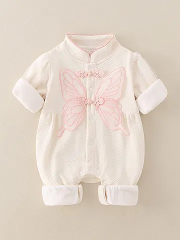 Baby Mädchen Chinesischer Stil Langarm Strampler Baumwolle Waffelstrick Schmetterling Stickerei Jumpsuit Für Neugeborene Kleinkinder