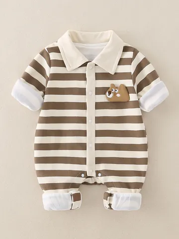Baby Langarm Gestreifter Strampler Bär Patch Polo Kragen Baumwolle Jumpsuit Neugeborene Kleinkinder Ausflug Frühling Herbst Kleidung
