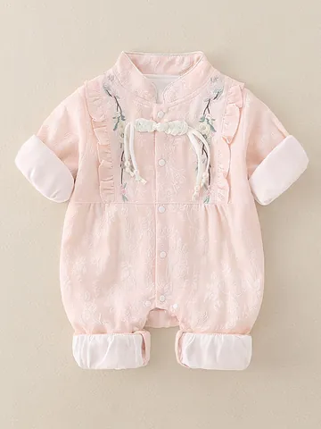 Baby Girls Chinese Style Cotton Romper Floral Embroidery Frog Button Long Sleeve Hanfu Jumpsuit Spring Autumn Outfits