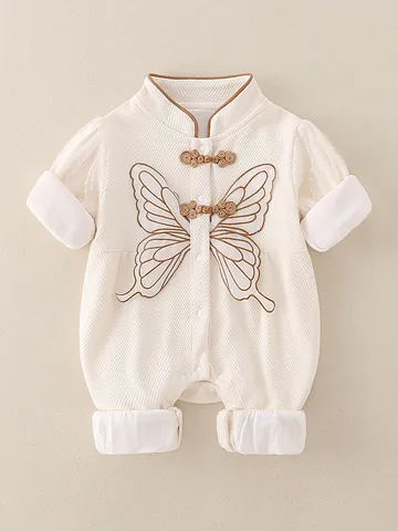 Baby Mädchen Chinesischer Stil Langarm Strampler Baumwolle Waffelstrick Schmetterling Stickerei Jumpsuit Für Neugeborene Kleinkinder