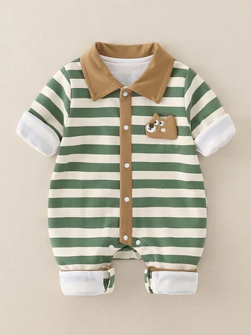 Baby Langarm Gestreifter Strampler Bär Patch Polo Kragen Baumwolle Jumpsuit Neugeborene Kleinkinder Ausflug Frühling Herbst Kleidung