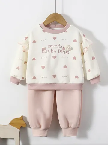 Ensemble Sweatshirt et Pantalon pour Petites Filles Imprimé Cœur Volants aux Épaules Manches Longues Tenue Casual