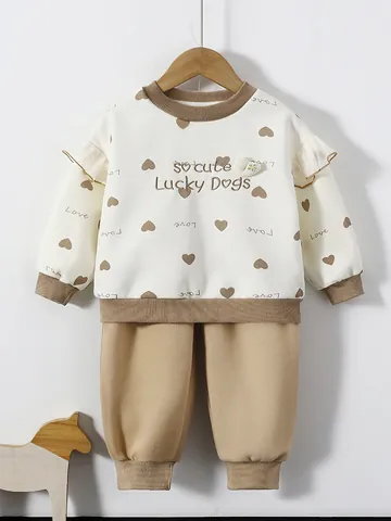 Ensemble Sweatshirt et Pantalon pour Petites Filles Imprimé Cœur Volants aux Épaules Manches Longues Tenue Casual