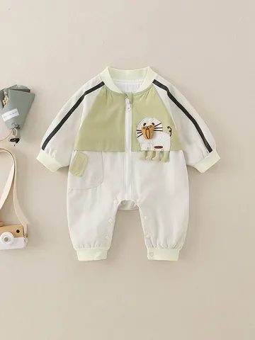 Infant Baby Windproof Romper Cartoon Lion Applique Long Sleeve Color Block Jumpsuit Spring Autumn Clothing Newborn Outfit