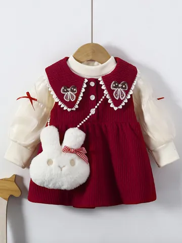 Süßes Mädchen Cordsamt Kleid Outfit Mit Plüsch Hasentasche Mesh Langarm Spitzenkragen Prinzessin Geburtstag Party Elegante Kleidung
