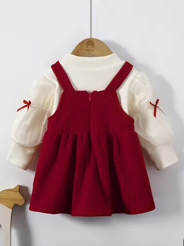 Kleinkind Mädchen Cartoon Bär Cord Latzrock Und Langarm Top Fleecegefüttert Herbst Winter Warm Süße Kleidung