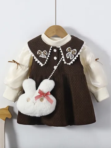 Süßes Mädchen Cordsamt Kleid Outfit Mit Plüsch Hasentasche Mesh Langarm Spitzenkragen Prinzessin Geburtstag Party Elegante Kleidung