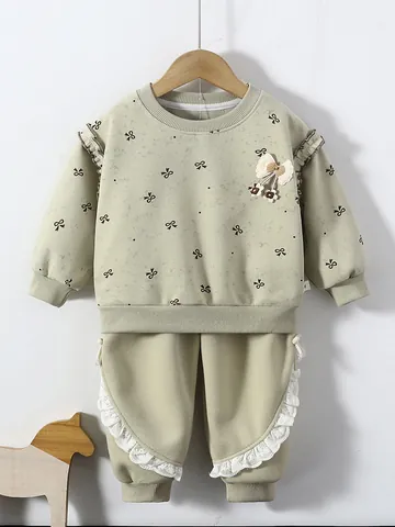 Tenue pour Petites Filles Sweat à Manches Longues Et Pantalon Imprimé Nœuds Ourlet à Volants Mélange de Coton Vêtements Décontractés