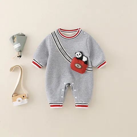 Baby Fleece Lined Long Sleeve Romper For Newborn Infant Grey Cartoon Panda Jumpsuit Cotton Blend Thick Warm Casual Bodysuit
