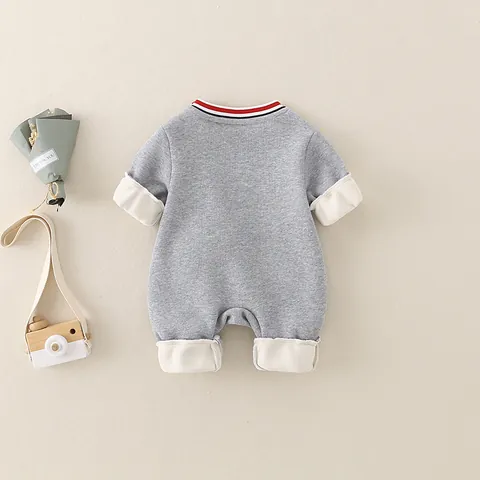 Baby Fleece Lined Long Sleeve Romper For Newborn Infant Grey Cartoon Panda Jumpsuit Cotton Blend Thick Warm Casual Bodysuit