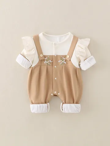 Baby Meisjes Katoenen Romper Lange Mouw Bloemenborduurwerk Kant Patchwork Prinses Body Lente Herfst Jumpsuit Outfit