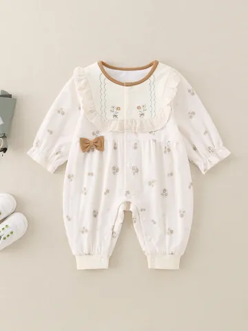 Pasgeboren Baby Meisje Bloem Romper Lange Mouw Ruffle Kraag Geborduurd Jumpsuit Strik Synthetische Mix Lente Kleding