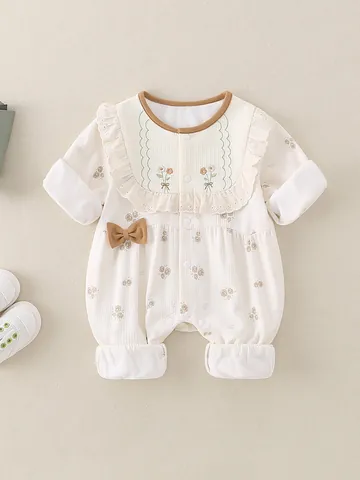Pasgeboren Baby Meisje Bloem Romper Lange Mouw Ruffle Kraag Geborduurd Jumpsuit Strik Synthetische Mix Lente Kleding