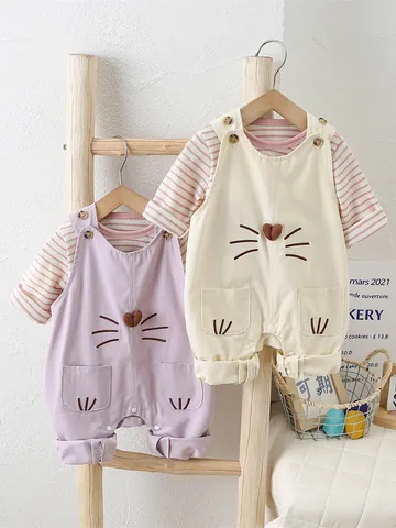 Baby Langarm Gestreiftes T-Shirt Und Cartoon Katze Bestickter Träger-Strampler Baumwolle Frühlingskleidung