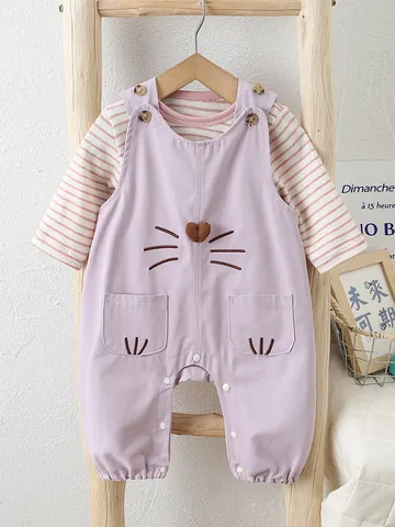 Baby Langarm Gestreiftes T-Shirt Und Cartoon Katze Bestickter Träger-Strampler Baumwolle Frühlingskleidung