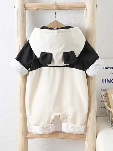 Baby Panda Hooded Romper Cartoon Animal 3D Ears Jumpsuit Windproof Long Sleeve Color Block Polyester Outfit For Infant
