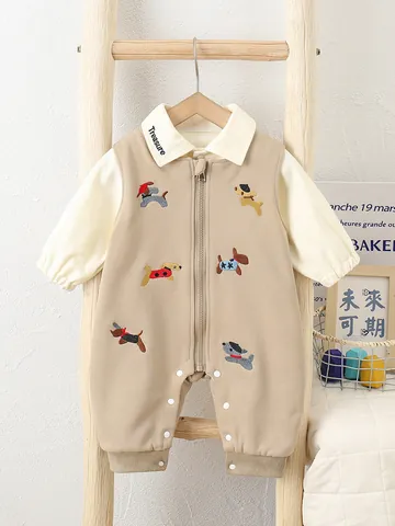 Cute Cartoon Dog Embroidery Cotton Romper Set For Baby Boys Girls Long Sleeve Jumpsuit Overall Outfits Spring Autumn Newborn Infant Toddler Clothing