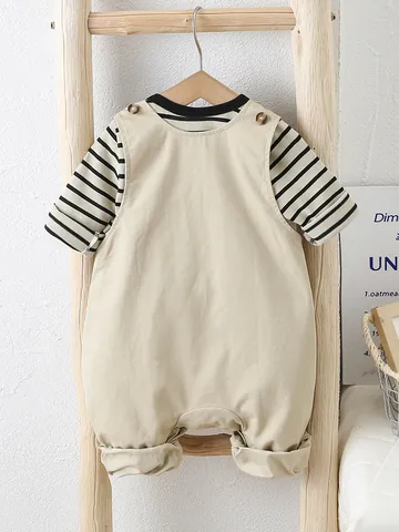Infant Baby Boys Girls Striped Long Sleeve T-Shirt And Khaki Cotton Overalls Jumpsuit Casual Toddler Boutique Clothing
