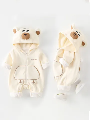 Baby Hooded Romper Cotton Blend Zip Up Long Sleeve Jumpsuit Cute Bear Design For Infant Toddler Casual Spring Autumn Wear