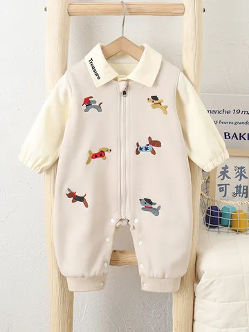 Cute Cartoon Dog Embroidery Cotton Romper Set For Baby Boys Girls Long Sleeve Jumpsuit Overall Outfits Spring Autumn Newborn Infant Toddler Clothing