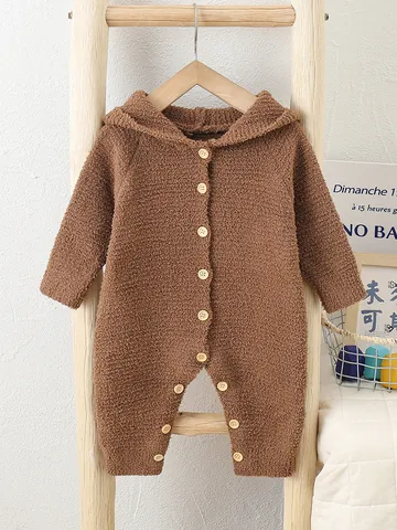 Baby Strampler Langarm Kapuze Jumpsuit Mit Tierohren Holzknöpfe Weicher Fleece Schlafanzug Für Jungen Mädchen Kleinkinder