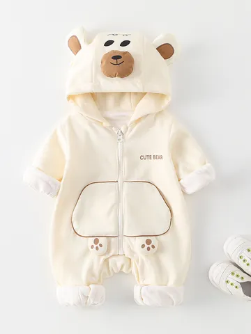 Baby Hooded Romper Cotton Blend Zip Up Long Sleeve Jumpsuit Cute Bear Design For Infant Toddler Casual Spring Autumn Wear