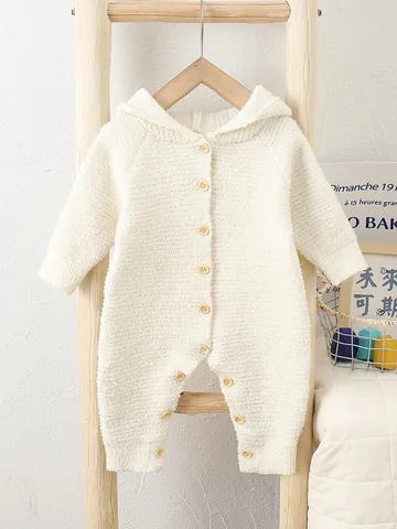Baby Strampler Langarm Kapuze Jumpsuit Mit Tierohren Holzknöpfe Weicher Fleece Schlafanzug Für Jungen Mädchen Kleinkinder