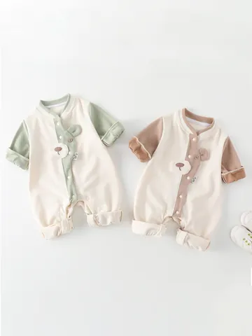 Baby Long Sleeve Romper Cotton Blend Waffle Knit Bear Jumpsuit Contrast Color Newborn Outfit For Infants Toddlers