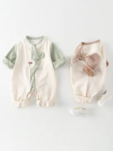 Baby Long Sleeve Romper Cotton Blend Waffle Knit Bear Jumpsuit Contrast Color Newborn Outfit For Infants Toddlers